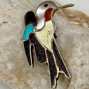 Vintage Zuni Eva Etsate Hummingbird Pin/Pendant Onyx Turquoise Red Coral, Signed